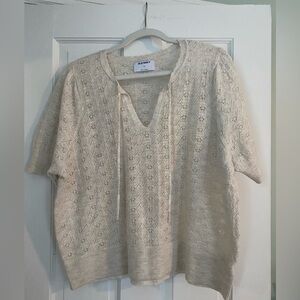 Old Navy Cream Crochet Knit Short Sleeve Top with Tie Neck